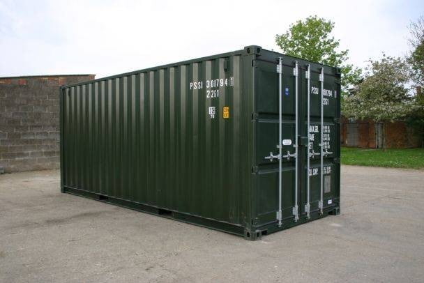 A highly secure shipping container painted in RAL6007 green.