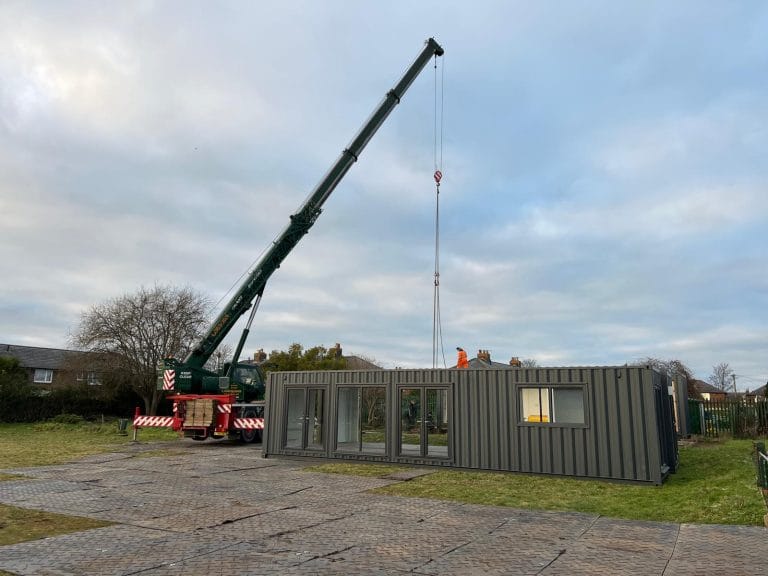 Youth Recreation Centre Converted Shipping Containers (Exterior w/Crane)