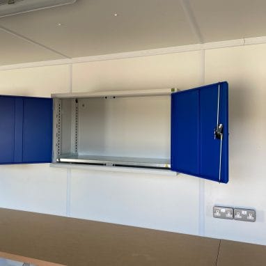 shipping container workshop- cabinets open
