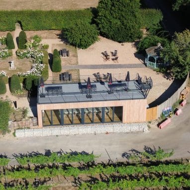 Shipping Container Wine Tasting Room - drone shot